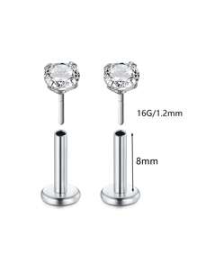 20G Threadless Earring For Women 316L Stainless Steel Push In Earrings CZ ,Flat Back Stud Earrings Cartilage Helix Tragus Lobe Stud Labret Monroe Threadless Nose Studs Piercing Jewelry - Silver - View 14