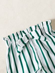Set de 2 piezas: Shorts a rayas + Top de hombros descubiertos: Conjuntos casuales de verano para niñas dulces para vacaciones y actividades al aire libre