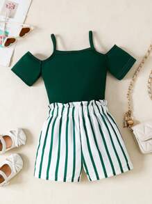 Set de 2 piezas: Shorts a rayas + Top de hombros descubiertos: Conjuntos casuales de verano para niñas dulces para vacaciones y actividades al aire libre