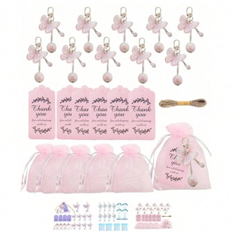 10sets, Butterfly Keychain Souvenir Set, Including 10 Butterfly Keychains, 10 Thank-You Cards, And 10 Pink Gauze Bags - Perfect Gift For Baptism, Weddings, Bachelor Parties, Friendship And Love Themed Gift Packs