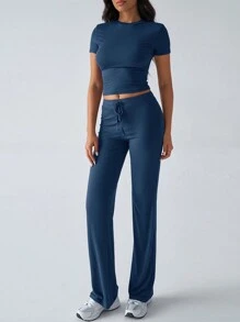 GAOVOT Damen Zweiteiler Herbst Y2K Sportswear Lässig Täglich Einfarbig Kurzarm Rundhals T-Shirt Schlank Gerade Lange Hose Set