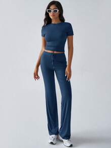 GAOVOT Damen Zweiteiler Herbst Y2K Sportswear Lässig Täglich Einfarbig Kurzarm Rundhals T-Shirt Schlank Gerade Lange Hose Set