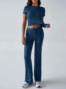 GAOVOT Damen Zweiteiler Herbst Y2K Sportswear Lässig Täglich Einfarbig Kurzarm Rundhals T-Shirt Schlank Gerade Lange Hose Set