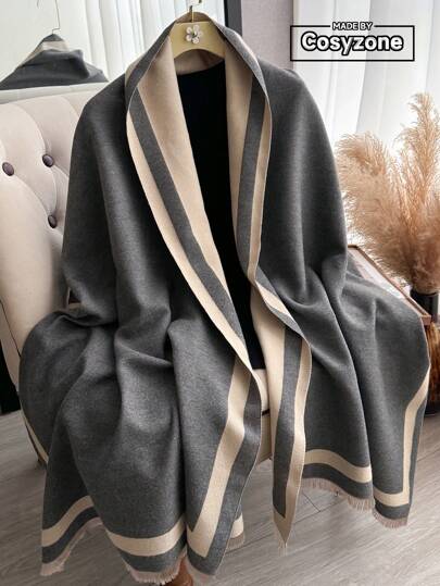 1pc Women Reversible Faux Cashmere Color Block Fashion Versatile Air Conditioning Shawl, Thick Warm Scarf Suitable For Everyday Use, Autumn/Winter