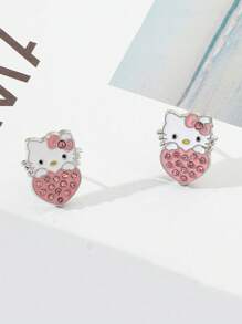 Sanrio Orecchini a forma di cuore in lega con strass a tema Hello Kitty, di stile fresco e dolce, regalo creativo di gioielli per amici, regalo di San Valentino