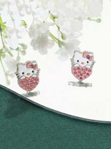Sanrio Orecchini a forma di cuore in lega con strass a tema Hello Kitty, di stile fresco e dolce, regalo creativo di gioielli per amici, regalo di San Valentino