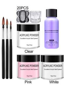 15 g Acrylpuder Nagel-Set, Acrylpuder und Flüssigkeit Set für Nägel, Kristall Flüssigkeit Set mit 3D Glitzer Nagelpinsel, rosa, weiß, klar Nagelpuder Set, für Anfänger zum Selbermachen Zuhause mit Acrylnagelpinsel.