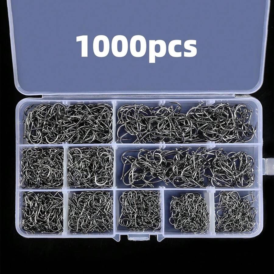 100/500/1000 件盒装带眼鱼钩，倒刺钩渔具适合 100g-1500g 的鱼