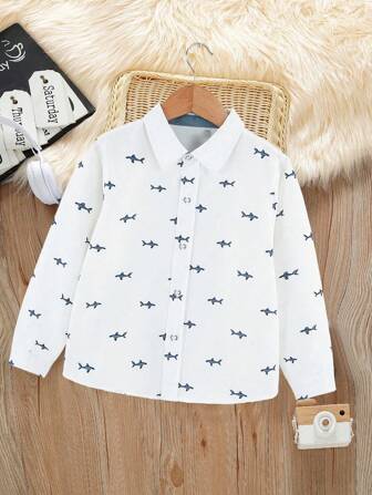 青少年男孩长袖衬衫，全套，时尚鲨鱼印花，中学生和青少年男孩校服，白色上衣，春秋季新品