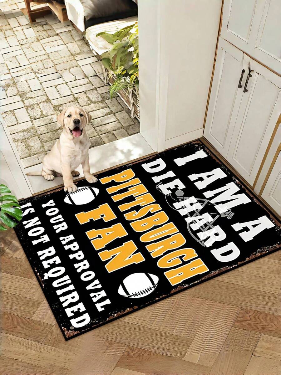 A Floor Mat For The Entrance Door And Bathroom Door, With A Pattern Of White And Yellow Letters And Rugby Balls. It Can Also Be Placed Under Outdoor Chairs. It Is An Anti-Slip, Wear-Resistant And Machine-Washable Carpet. Home Decor Floor Mats Carpets