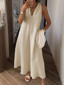 New Spring/Summer Backless Criss-Cross V-Neck Sleeveless Cold Shoulder Casual Vacation Solid Color Maxi Dress - Beige - View 4