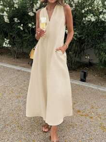 New Spring/Summer Backless Criss-Cross V-Neck Sleeveless Cold Shoulder Casual Vacation Solid Color Maxi Dress - Beige - View 1