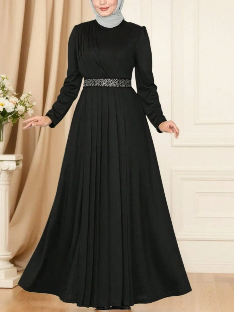 Bata de unicolor, diseño de cintura con cinturón, elegante y de alta gama, diseño plisado, digno y apropiado, vestido de mujer