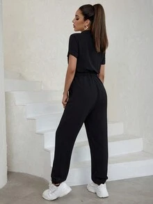 Women Flap Pocket Front Waist Bow Zipper Jumpsuit - Black - View 2