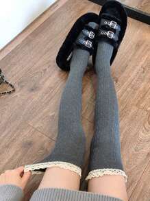 1 双女士黑色蕾丝边过膝袜，洛丽塔学院风 - 黑色 - 查看 7