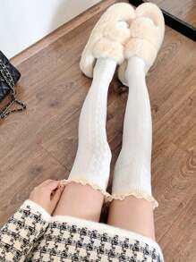 1 双女士黑色蕾丝边过膝袜，洛丽塔学院风 - 黑色 - 查看 11