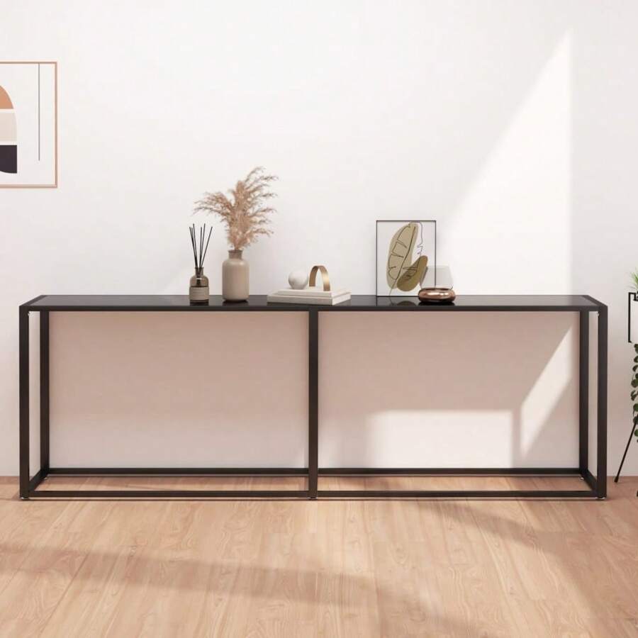 Black Console Table 225x75.5 Cm Tempered Glass Modern Design Stylish Furniture