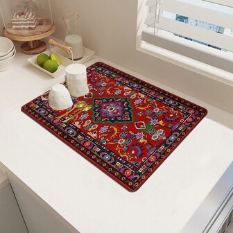 1pc Traditional Floral Pattern Washing Machine Mat, TPR Material Suitable For Washing Machine/Dryer Top, Dish Drying Rack, Kitchen Counter/Sink, Cupboard, Living Room Dining Mat, Absorbent Quick-Drying