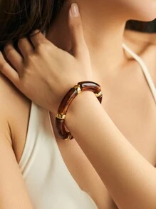 ORNAPEADIA 1条波西米亚风豹纹纯色树脂弹力手链，适合女性日常佩戴和聚会，可作礼物 - 圓形 - 查看 15