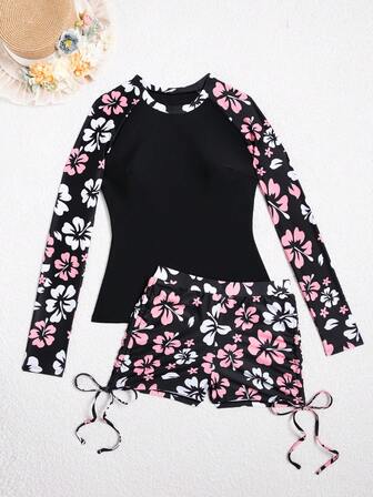2 件套全新长袖花卉印花分体式泳衣，带沙滩短裤，适合夏季海滩度假