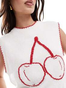 Womens Stylish Ribbed Knit Sweater Vests Cherry Lobster Contrast Hues Sleeveless Crew Neck Slim-Fitting Tank Tops