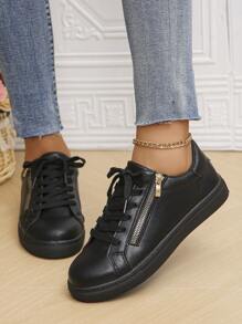 女士新款黑色休闲运动鞋，经典系带侧拉链设计，简约户外穿搭，舒适休闲鞋（尺码偏小一码） - 黑色 - 查看 3