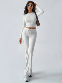 GAOVOT 女士两件套春夏 Y2K 运动休闲家居纯色修身长袖T恤和抽绳长裤套装