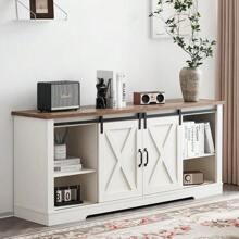 4-Piece Farmhouse Living Room Table Set With Sliding Barn Door TV Stand, Coffee Table And Two End Tables, Rustic Side Table With Charging Station & USB Ports, 66" Furniture Set - View 8
