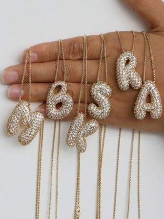 A-Z CZ Zirconia Letter Pendant Necklace, Unisex Punk Style Initial Necklace, Stainless Steel Fashionable Hip-Hop Jewelry