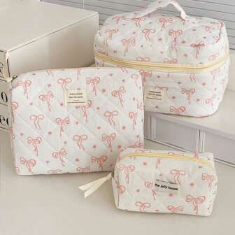 1 Pc Korean Style Pink Bowknot Ribbon Makeup Bag Portable Women Cosmetic Organizer Pouch Summer Travel, Vacation Makeup Organizer Bathroom Accessories Back To School