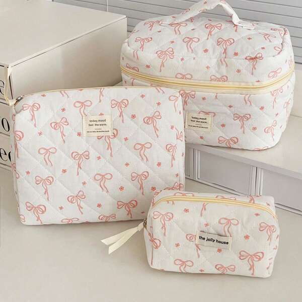 1 Pc Korean Style Pink Bowknot Ribbon Makeup Bag Portable Women Cosmetic Organizer Pouch Summer Travel, Vacation Makeup Organizer Bathroom Accessories Back To School