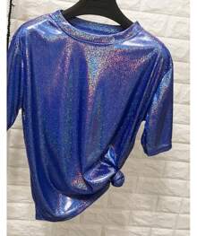 Camiseta Top Blusa Metalica Brillante Manga Corta Moda Mujer - Azul - Ver 3