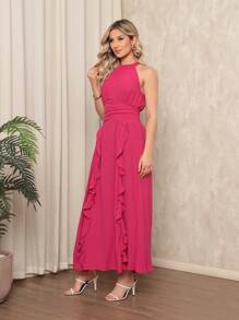 Long Sleeveless Party Dress With Luxury Padding - Hot Pink - View 5