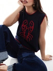 Womens Stylish Ribbed Knit Sweater Vests Cherry Lobster Contrast Hues Sleeveless Crew Neck Slim-Fitting Tank Tops