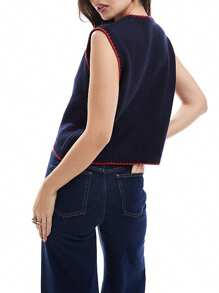 Womens Stylish Ribbed Knit Sweater Vests Cherry Lobster Contrast Hues Sleeveless Crew Neck Slim-Fitting Tank Tops