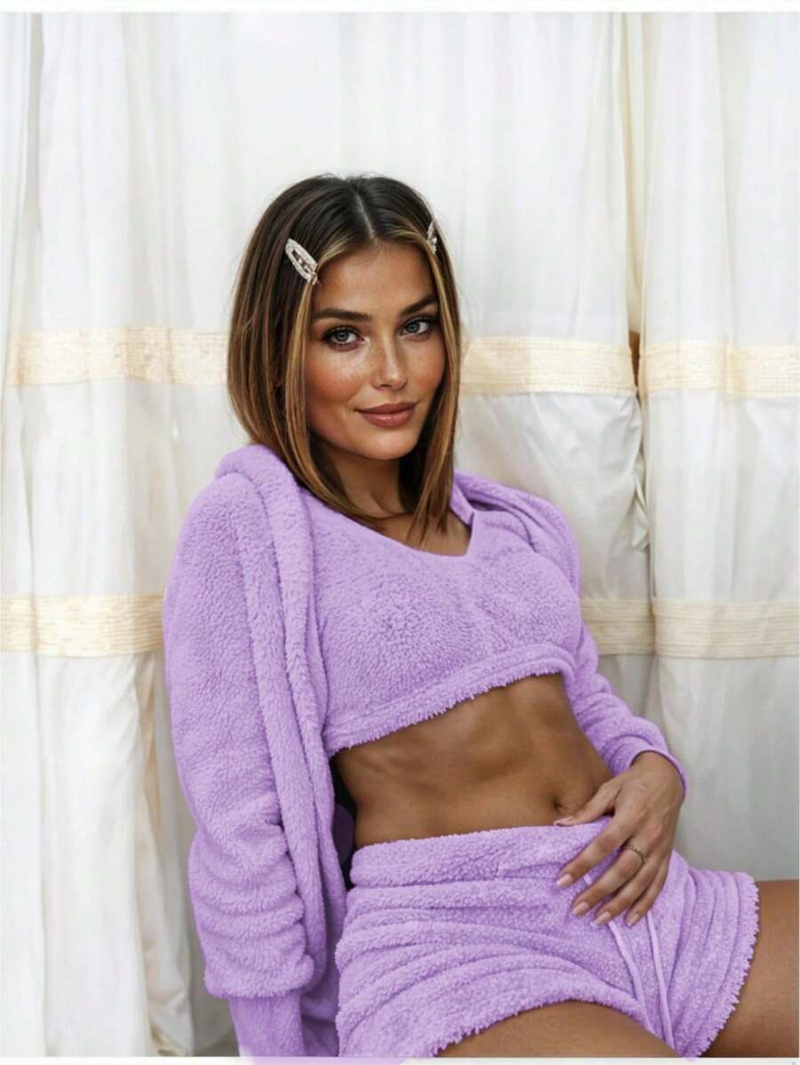 Women's Fall/Winter 3-Piece Homewear Set Hooded Sweater And Soft Top With Casual Shorts