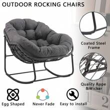 Patio Rocking Chair With Padded Cushion Indoor Outdoor Comfy Papasan Rocker Chair With Upgraded Steel Frame Oversized Rattan Egg-Shaped Lounge Chair For Front Porch, Garden, Bedroom - 深灰色 - 查看 5