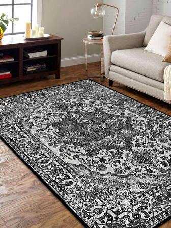 1 pieza Alfombra de fibra de poliéster de estilo bohemio marroquí en tono gris vintage y aspecto envejecido, de forma rectangular, fácil de limpiar y lavar, adecuada para la sala de estar, pasillo, dormitorio, ambiente del hogar y decoración de habitaciones