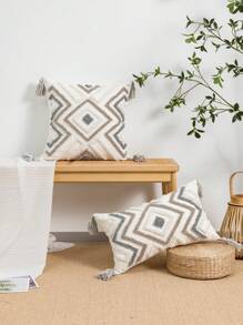 1pc/2pcs Geometric Rhombus Pattern Throw Pillow Case, Canvas & Chenille Material With Tassels, Bohemian And Modern Style For Bedroom, Living Room, Sofa, Car, All Season Use, 30*50cm, 45*45cm