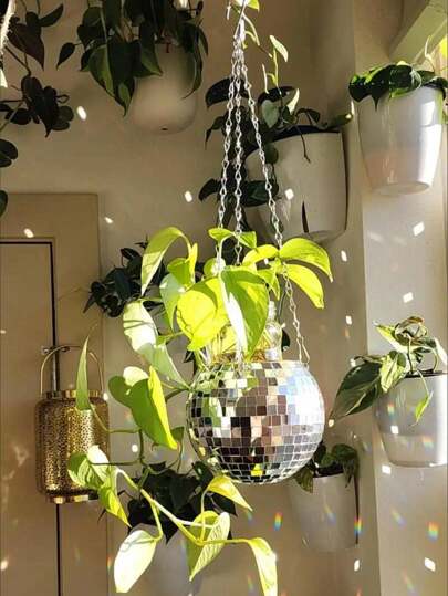 1pc Disco Ball Planter, Hanging Mirrored Spherical Flower Pot, Gardening Decor Hanging Planter