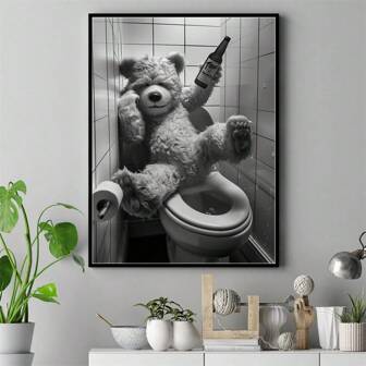 1 pieza Póster de animales divertidos, lienzo de pared de arte de baño con oso de peluche humorístico, para decoración de pared de sala de estar, dormitorio, cocina, hotel, baño, inodoro, sin marco