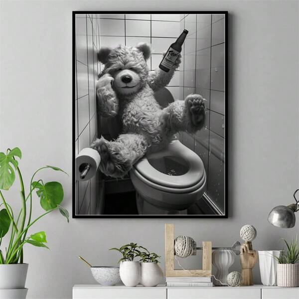 1pc Interesting Animals Posters,Humorous Teddy Bear Bathroom Canvas Wall Arts,For Living Room, Bedroom, Kitchen,Hotel,Bathroom,Toilet Wall Decoration,NO Frame