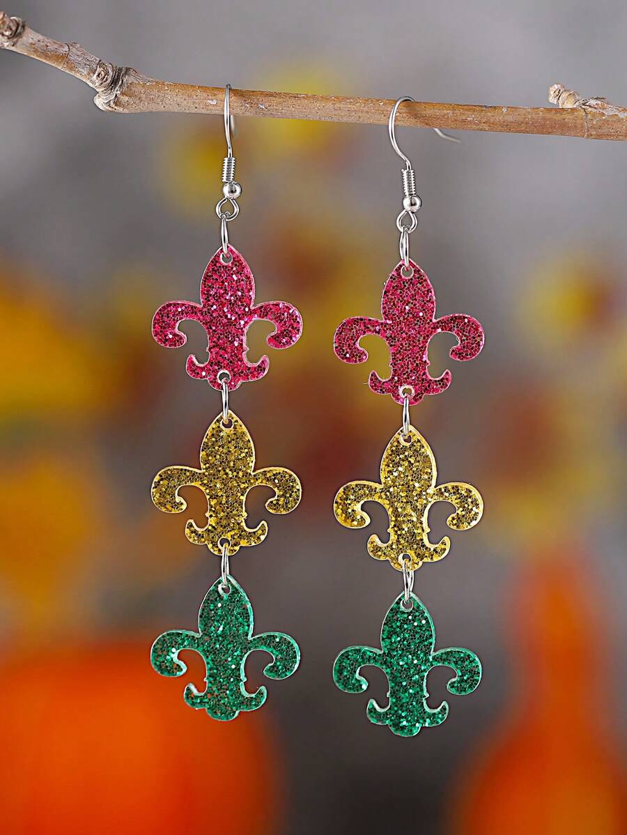 1对嘉年华小丑帽和鸢尾花亮片流苏亚克力吊坠耳环，嘉年华派对游行耳环，礼物 - 彩色 - 查看 1