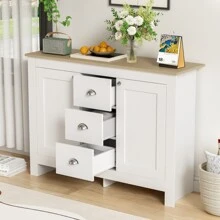 Warm White Wooden Sideboard With 2 Doors And 3 Drawers – Silver Handles, Adjustable Shelf, And Soft-Close Hinges For Quiet Closing, Ample Storage Space For The Living Room, Stable And Durable, 116 Cm Long X 35 Cm Wide X 81 Cm High