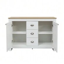 Warm White Wooden Sideboard With 2 Doors And 3 Drawers – Silver Handles, Adjustable Shelf, And Soft-Close Hinges For Quiet Closing, Ample Storage Space For The Living Room, Stable And Durable, 116 Cm Long X 35 Cm Wide X 81 Cm High