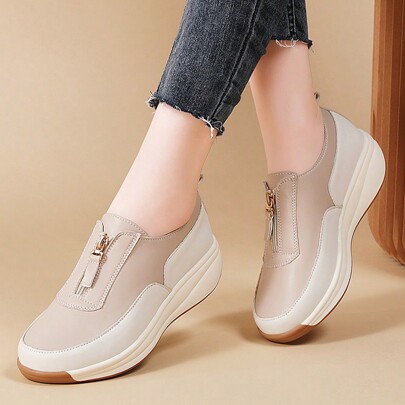 Women's Work Shoes Leather Shoes Zipper Casual Flats Thick Bottom Plus Size