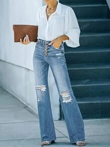 Jeans femininos elegantes vintage, modelo reto com furos e design de vários botões - sem zíper, de temporada, Denim desgastado, moda casual, adequado para várias ocasiões, presentes de Natal, Ano Novo e outras festas - Azul médio
