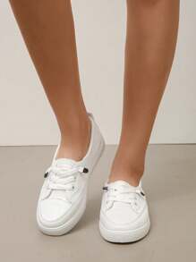 大码女式水钻装饰休闲白色运动鞋，时尚低帮系带圆头平底透气百搭运动鞋 - 白色 - 查看 8