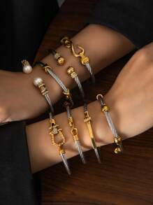 1 件时尚不锈钢 18K 镀金女士混合金属袖口手镯 - 扭曲可堆叠，适合日常和特殊场合，理想的礼物