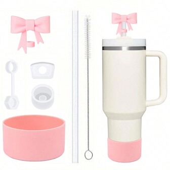 7PCS Compatible With Stanley Cup Accessories, 1Pc Bow Straw Cover 3Pcs Silicone Spill Proof Stopper For 40oz Tumbler With Lid Handle, Silicone Protective Boot 1pc Straw And 1pc Brush